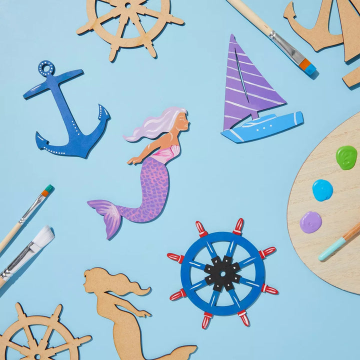 Genie Crafts 24 Pieces Unfinished Nautical Wood Cutouts for Crafts, Wooden Sailboat, Mermaid, Anchor, Ship Wheel for DIY Projects