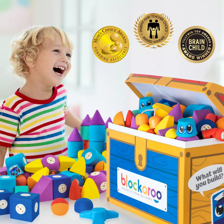 Blockaroo Magnetic Foam Building Blocks, Soft Foam Blocks to Develop Early STEM Learning Skills, Bath Toy for Toddlers & Kids - 100 Piece Set