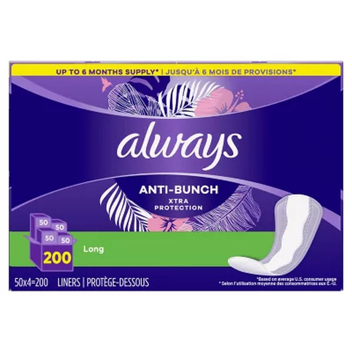 Always Anti-Bunch Xtra Protection Daily Liners, Unscented, Long, 200 Ct.