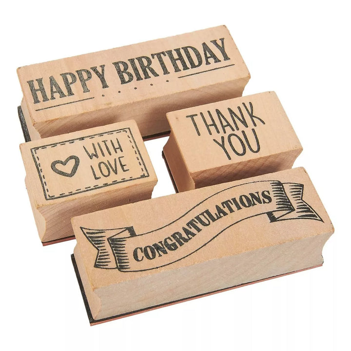 4-Piece Card Making Stamps Set - Wood Mounted Rubber Stamps for Card Making - Happy Birthday, Thank You, Congratulations, with Love