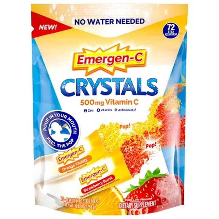 Emergen-C Crystals On-The-Go Vitamin C Immune Support, 500 Mg, Orange & Strawberry 72 Ct.