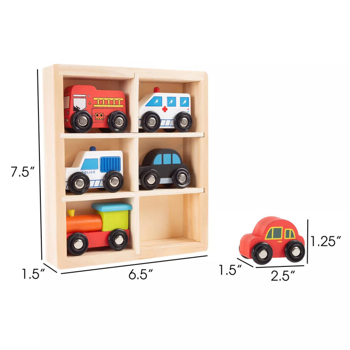 Toy Time Wooden Car Playset- 6-Piece Mini Toy Vehicle Set with Cars, Fire Trucks, Train-Pretend Play Fun