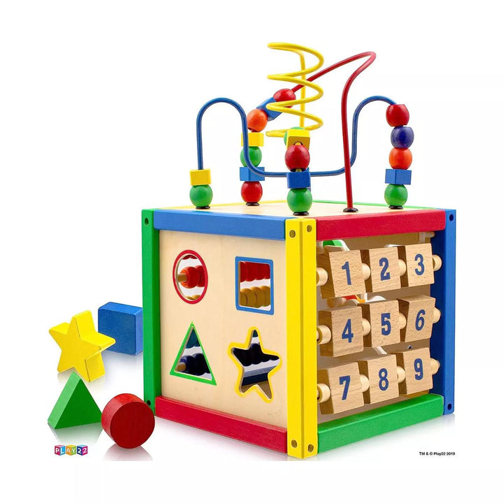 Wooden Activity Cube with Bead Maze, Shape Sorter, Abacus Counting Beads, Counting Numbers, Sliding Shapes - 5 in 1 - Play22Usa