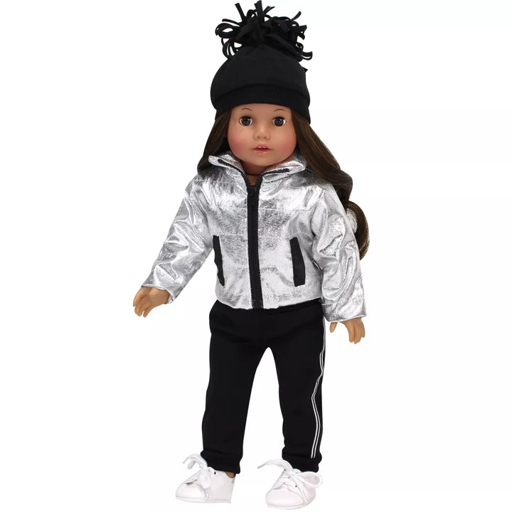 Sophia’S Silver Metallic Jacket, Black Side Stripe Joggers, Sneakers, & Hat for 18” Dolls, Silver/Black