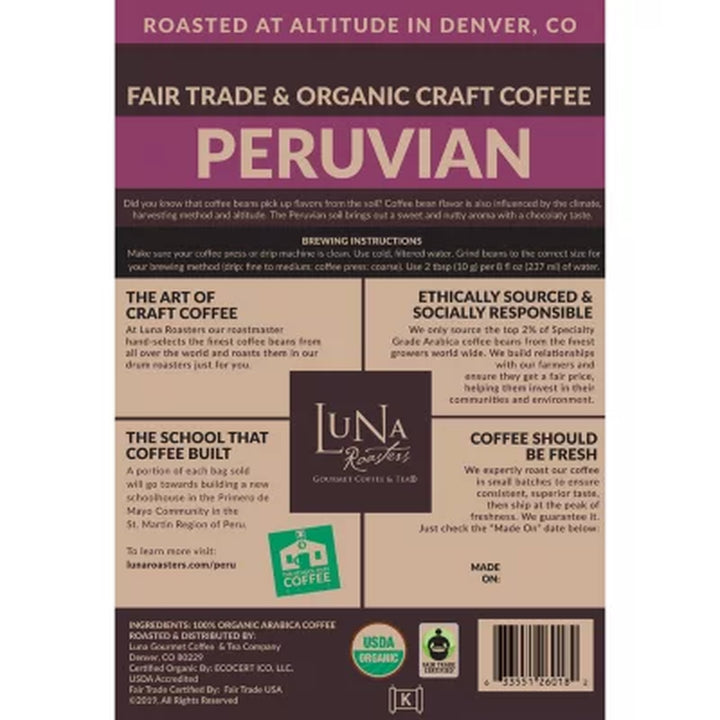 Luna Roasters Organic Peruvian Whole Bean Coffee, Medium Roast, 30 Oz.