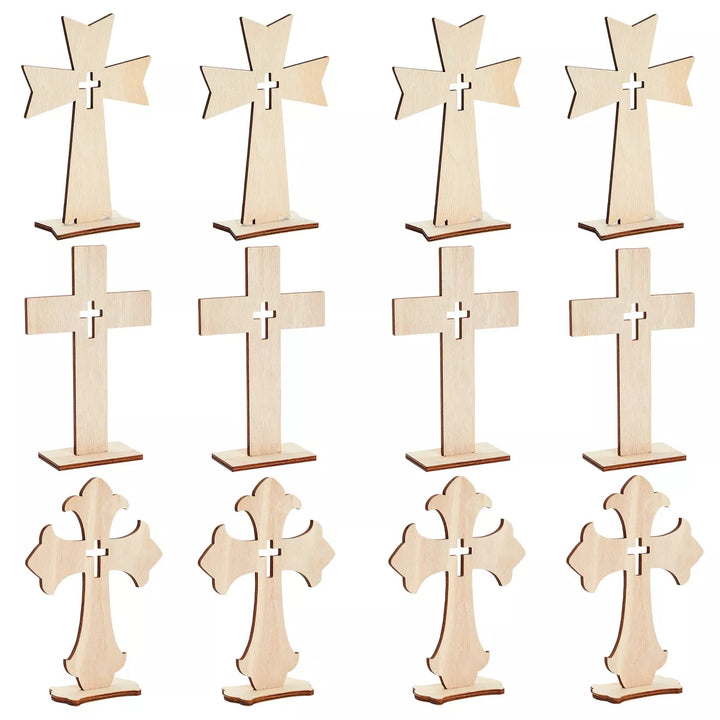 Bright Creations 12 Pack Standing Wood Cross for DIY Crafts and Easter Christmas Centerpiece Table Mantel Decorations, 7 Inches