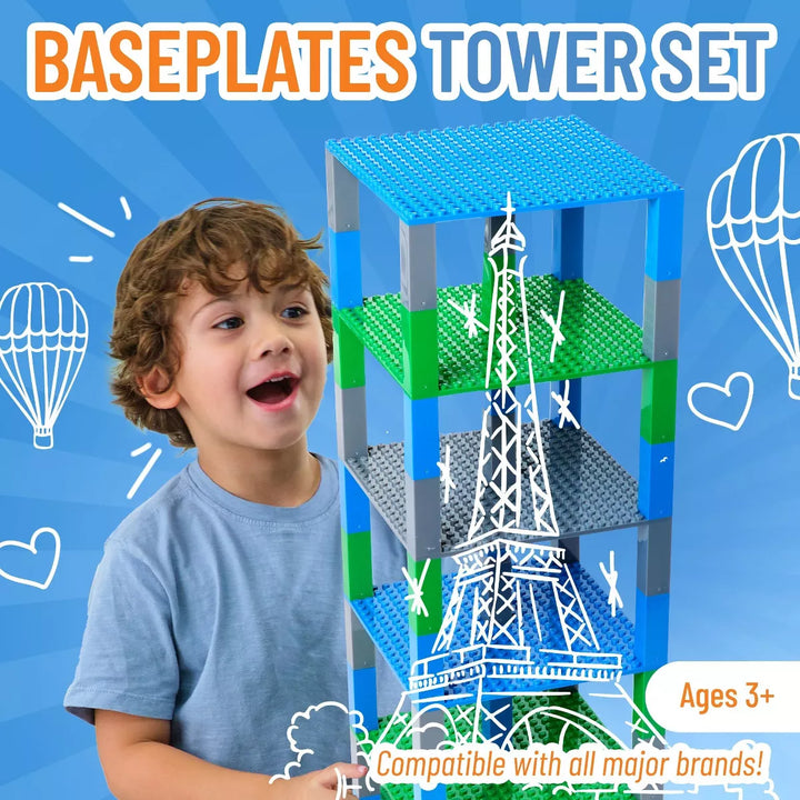 Strictly Briks Classic Stackable Baseplates 6X6 Inch Brik Tower - 6 Baseplates & 50 Stackers - Blue, Green & Gray