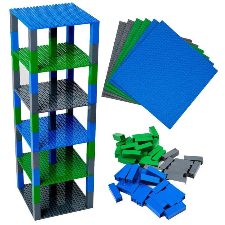 Strictly Briks Classic Stackable Baseplates 6X6 Inch Brik Tower - 6 Baseplates & 50 Stackers - Blue, Green & Gray