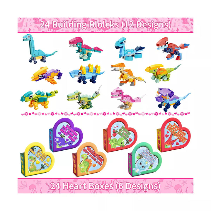 Fun Little Toys 24 PCS Valentine Dinosaur Building Block with Heart Box