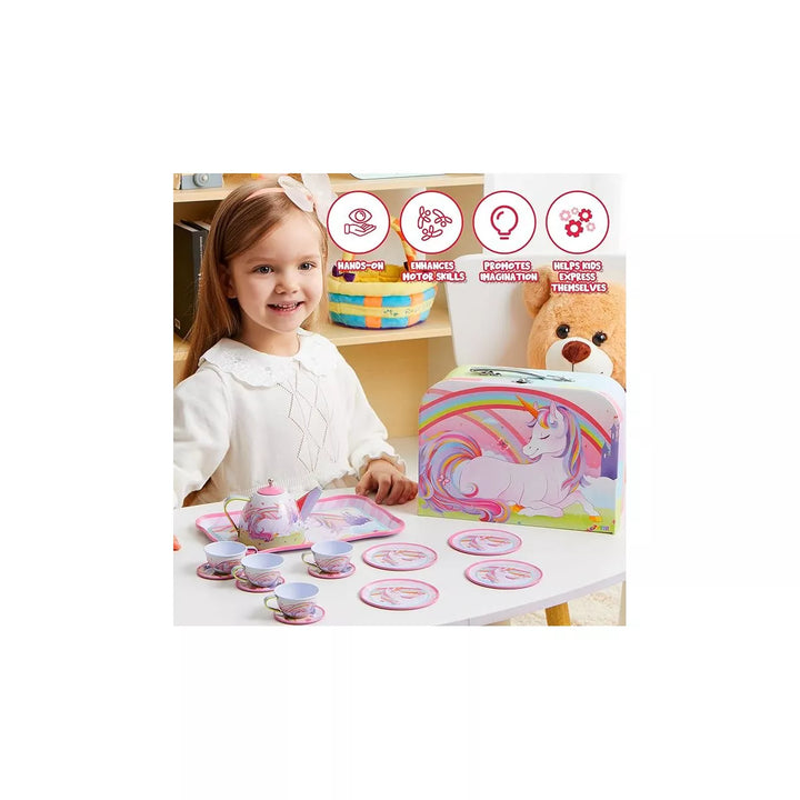 Syncfun Unicorn Castle Pretend Tea Set for Kids Toddlers Age 3 4 5 6, Princess Tea Party Set with Teapot, Cups, Plates and Carrying Case