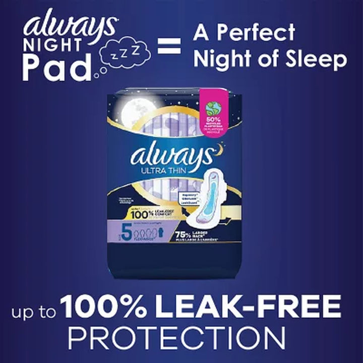 Always Ultra Thin, Size 5, Extra Heavy Overnight Pads with Wings, Unscented, 72 Ct.