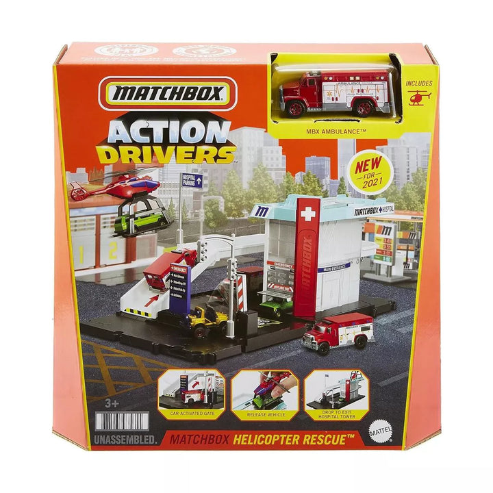 Matchbox Cars Playset, Action Drivers Helicopter Rescue with 1:64 Scale Toy Ambulance & Helicopter