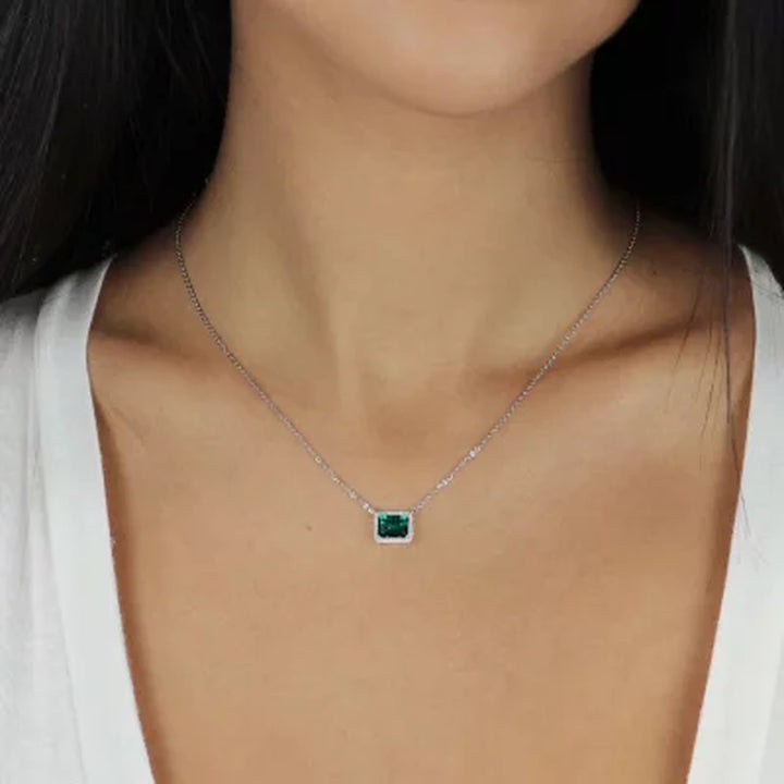 925 Sterling Silver Lab Created Emerald and 0.08 CT. T.W. Diamond Necklace