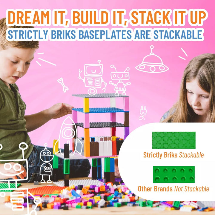 Strictly Briks Classic Stackable Baseplates 6X6 Inch Brik Tower - 6 Baseplates & 50 Stackers - Blue, Green & Gray