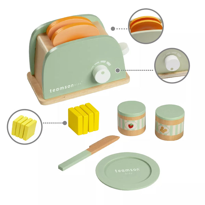 Teamson Kids Play Wooden Toaster Play Kitchen Accessories Green 11 Pcs TK-W00006