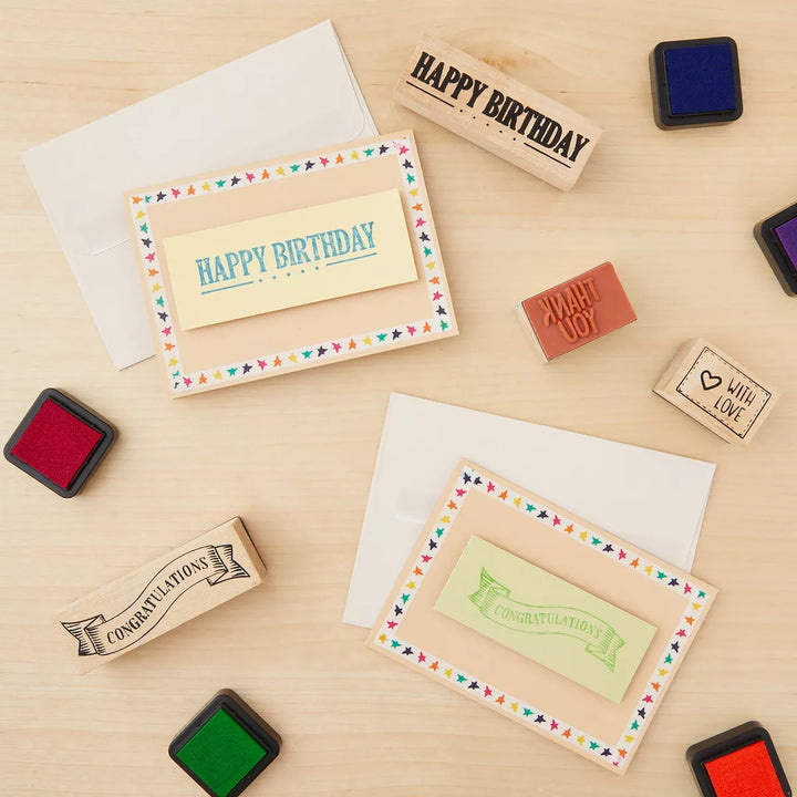 4-Piece Card Making Stamps Set - Wood Mounted Rubber Stamps for Card Making - Happy Birthday, Thank You, Congratulations, with Love