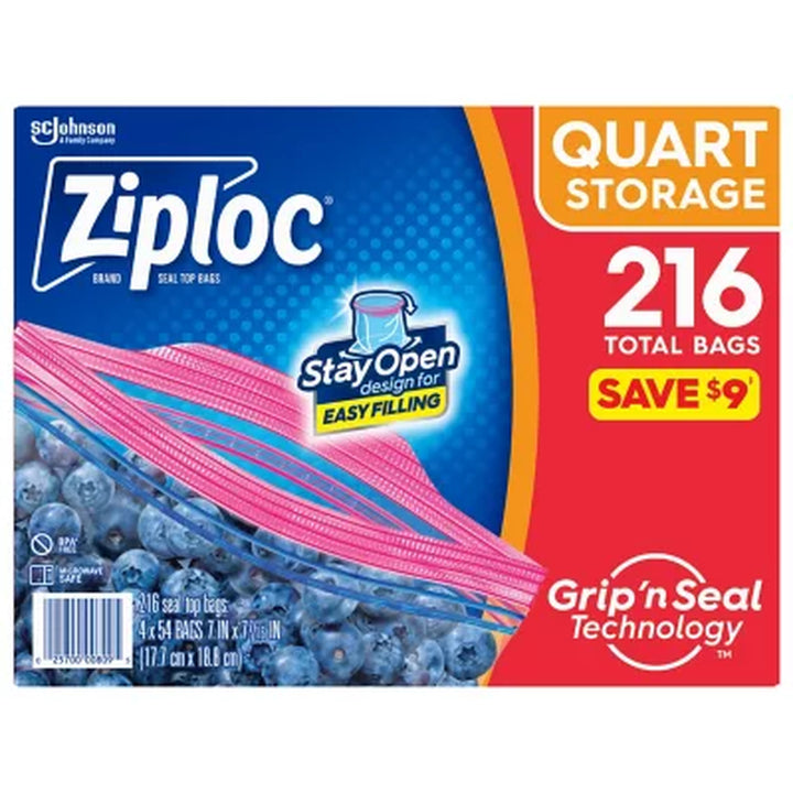 Ziploc Storage Quart Bags with New Stay Open Design, 216 Ct.