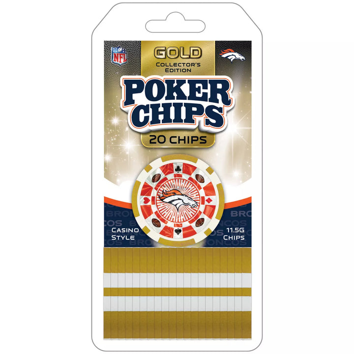 Masterpieces Casino Style 20 Piece 11.5 Gram Poker Chip Set NFL Denver Broncos Gold Edition.