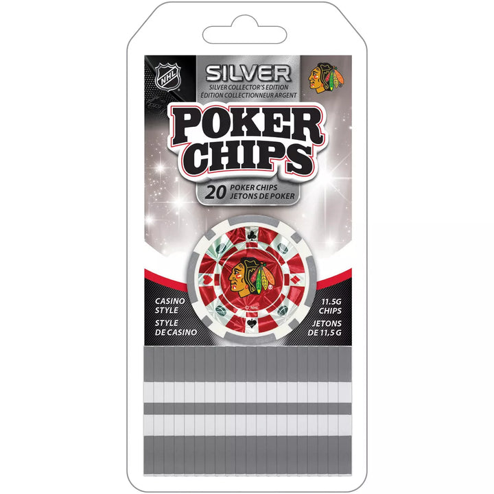 Masterpieces Casino Style 20 Piece 11.5 Gram Poker Chip Set NHL Chicago Blackhawks Silver Edition.