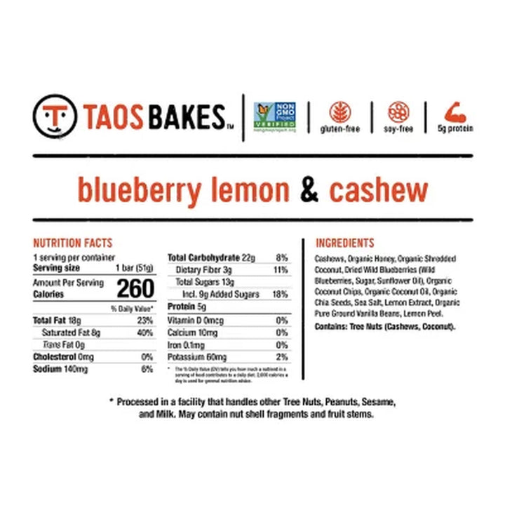 Taos Bakes Snack Bars, Blueberry Lemon Cashew (1.8 Oz., 10Ct.)