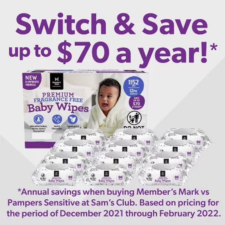 Member'S Mark Premium Fragrance-Free Baby Wipes, 12 Packs 1152 Ct.