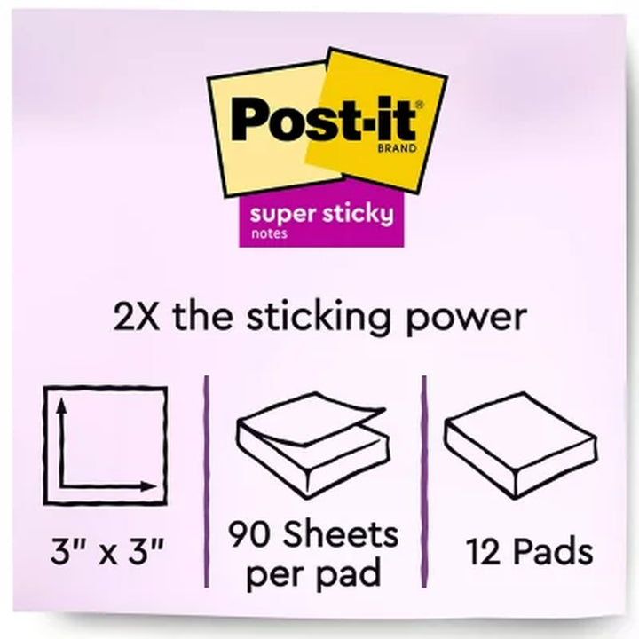 Post-It Notes Super Sticky - Canary Yellow Note Pads, 3 X 3, 90/Pad - 12 Pads/Pack