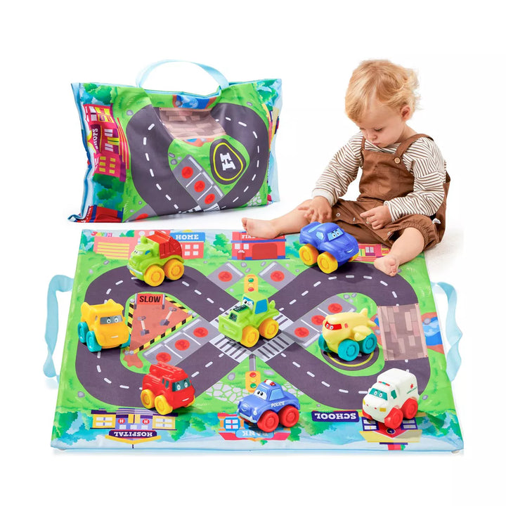 Syncfun 8 PCS Rubber Cartoon Cars with Play Mat, Mini Bath Toy Car for Toddlers, Boy Toys Birthday Gift, Party Favors for Kids Toddlers 2 3+ Year Old