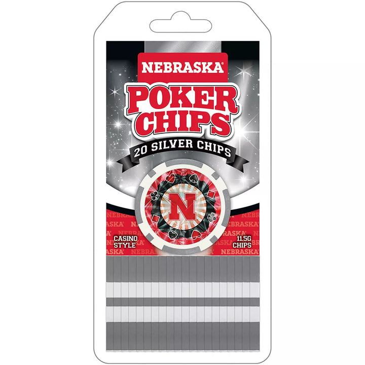 Masterpieces Casino Style 20 Piece 11.5 Gram Poker Chip Set NCAA Nebraska Cornhuskers Silver Edition.