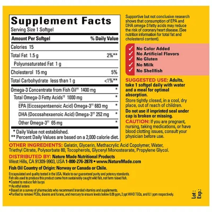 Nature Made Burp-Less Ultra Omega 3 from Fish Oil 1400 Mg. Softgels 65 Ct., 2Pk.