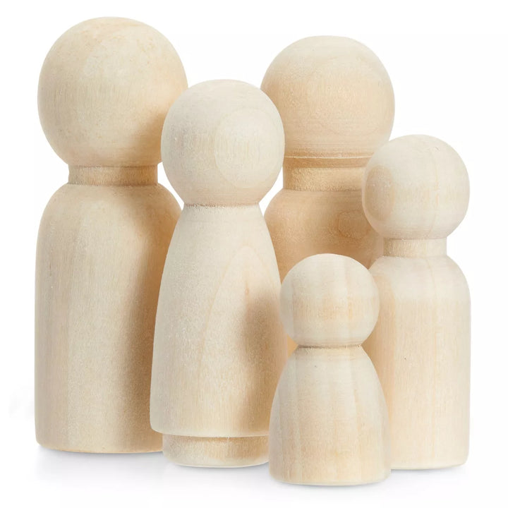 Juvale 50-Pieces Unfinished Wood Peg Dolls, Wooden People Figures for Arts and Crafts, Painting, and Games, School Projects Dollhouse Design, 5 Sizes