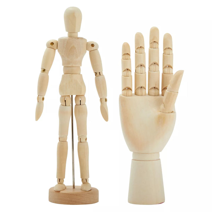 7" Wooden Hand Model and 8" Posable Wooden Mannequin Figure for Drawing, Adjustable Art Supplies (2-Piece)