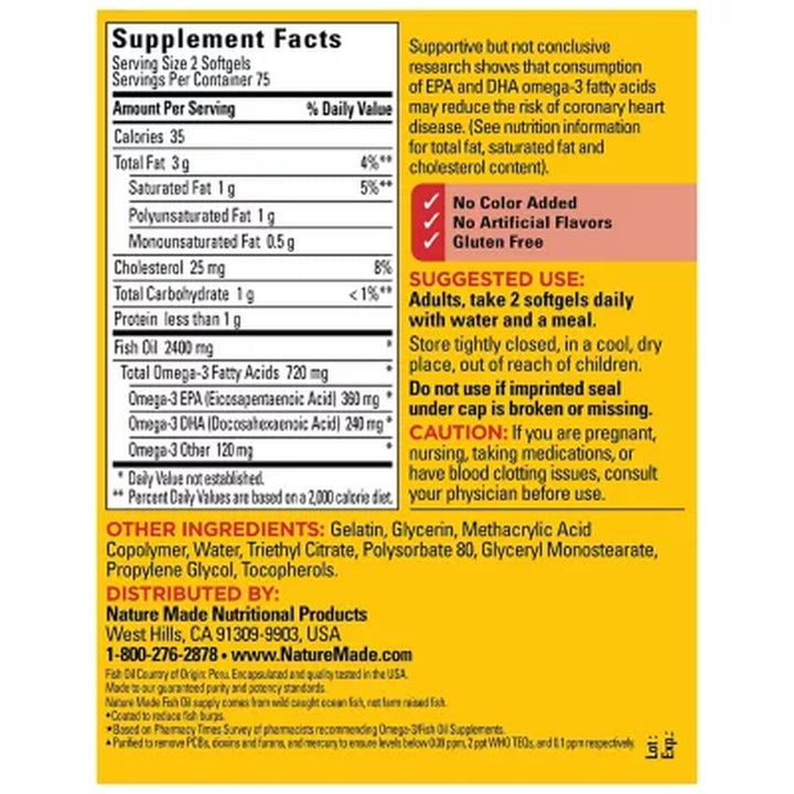 Nature Made Burp-Less Fish Oil 1,200 Mg. Softgels for Heart Health 2 Pk., 150 Ct./Pk.