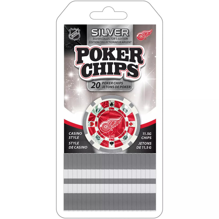 Masterpieces Casino Style 20 Piece 11.5 Gram Poker Chip Set NHL Detroit Red Wings Silver Edition.