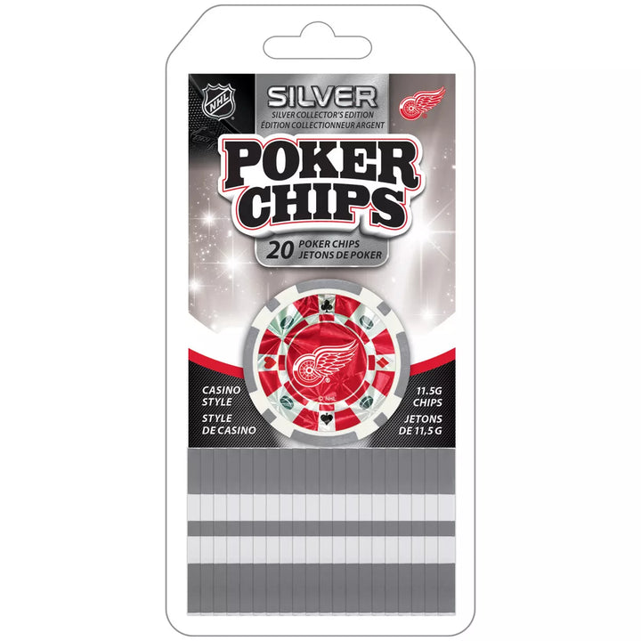 Masterpieces Casino Style 20 Piece 11.5 Gram Poker Chip Set NHL Detroit Red Wings Silver Edition.