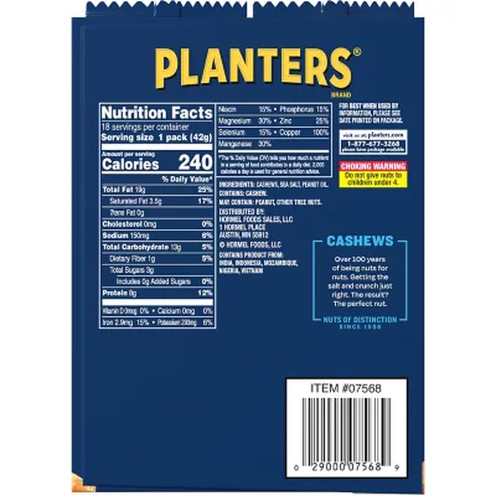 Planters Salted Cashews, Single-Serve Tubes (1.5 Oz., 18 Ct.)