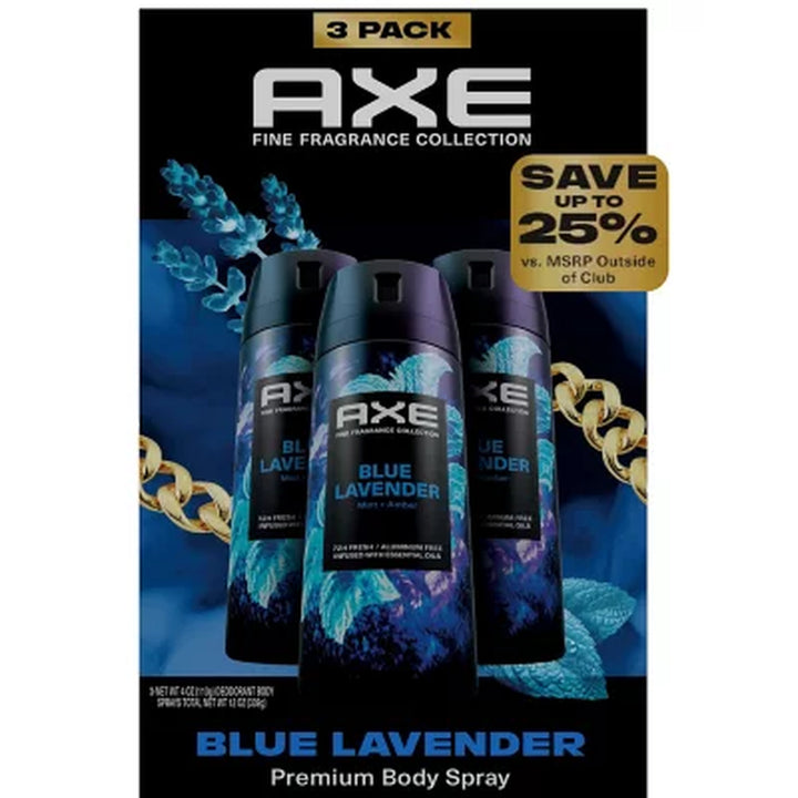 AXE Fine Fragrance Premium Deodorant Body Spray for Men, Blue Lavender, 4.0 Oz., 3 Pk.