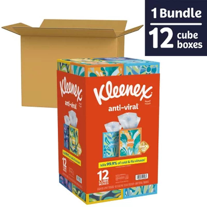 Kleenex Anti-Viral 3-Ply Facial Tissues, Cube Boxes 55 Tissues/Box, 12 Boxes