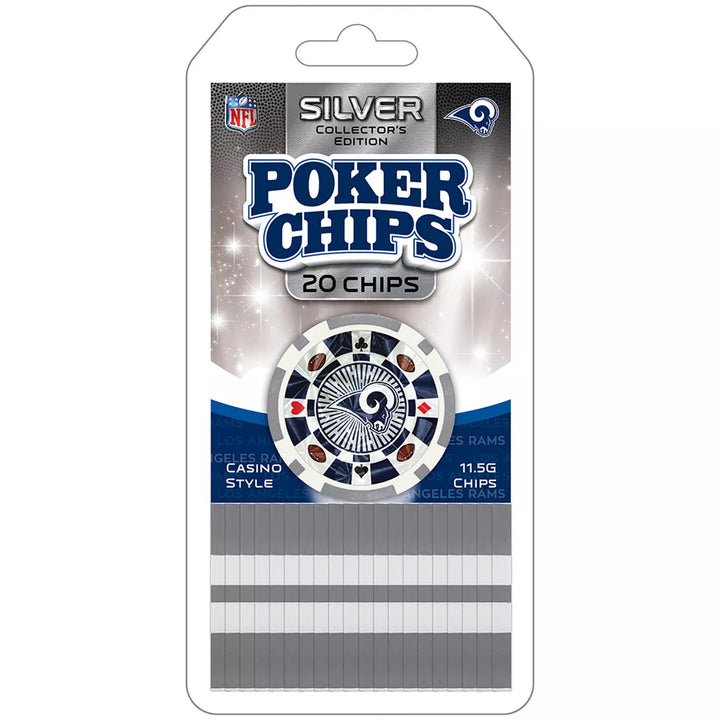 Masterpieces Casino Style 20 Piece 11.5 Gram Poker Chip Set NFL Los Angeles Rams Silver Edition.