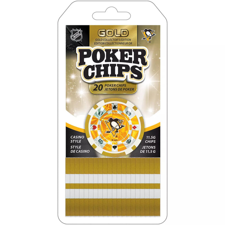 Masterpieces Casino Style 20 Piece 11.5 Gram Poker Chip Set NHL Pittsburgh Penguins Gold Edition.