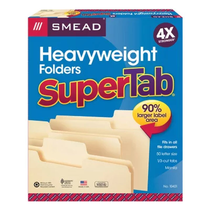 Smead 1/3 Cut Assorted Positions Supertab Heavyweight File Folders, Manila (Letter, 50Ct.)