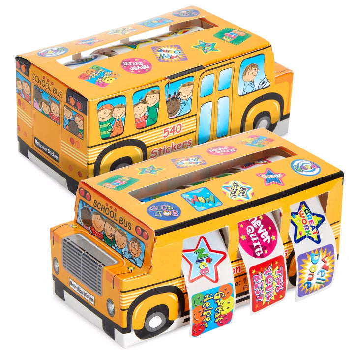 Juvale 1080 Count Teacher Reward Stickers for Students with 2 School Bus Dispensers, 6 Rolls, 5.75 X 2.75 X 2.5 In