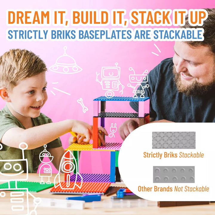 Strictly Briks Classic Stackable Baseplates, for Building Bricks, Bases for Tables, Mats, Black/Blue/Gray, 4 Pack, 10X10 Inches