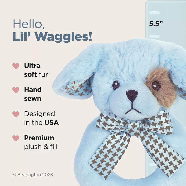 Bearington Baby Lil' Waggles, 5.5 Inch Blue Puppy Dog Plush Stuffed Animal, Soft Baby Boy Rattle