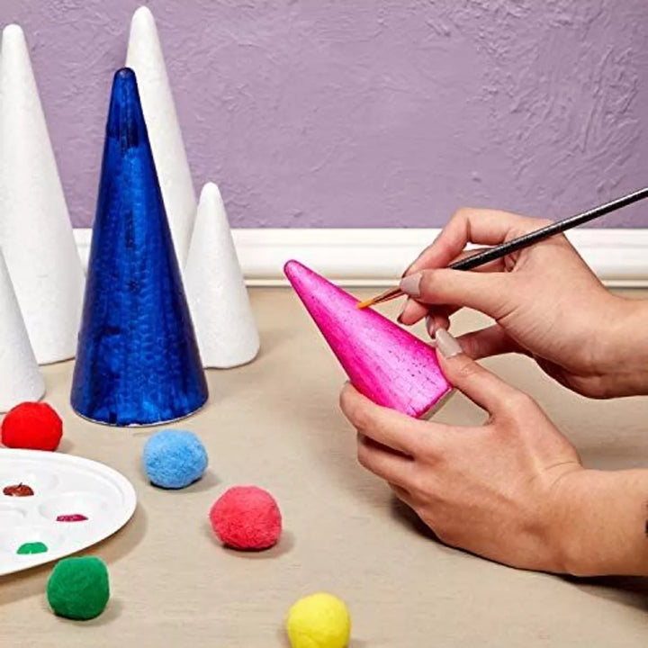 Bright Creations 18 Pack White Craft Foam Cones for Art and Crafts Supplies, 2 Sizes