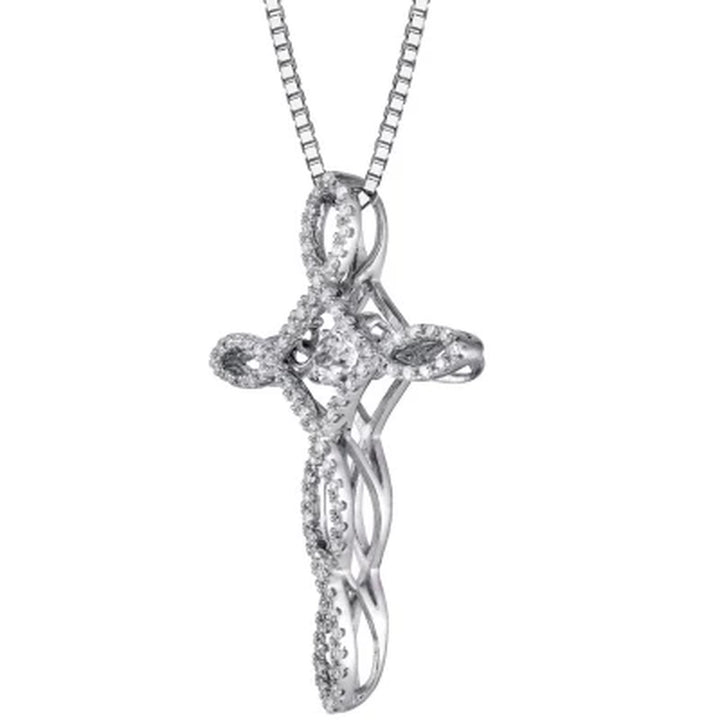 Dancing Created White Sapphire and 0.15 CT. T.W. Diamond Cross Pendant in Sterling Silver