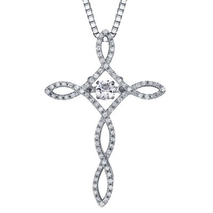 Dancing Created White Sapphire and 0.15 CT. T.W. Diamond Cross Pendant in Sterling Silver