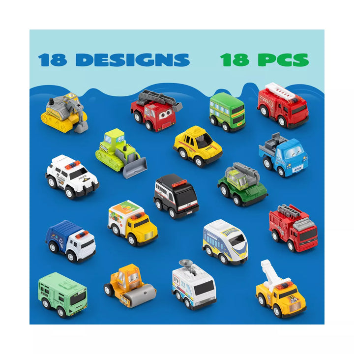 Syncfun 18 Pcs Pull Back City Cars and Trucks Toy Vehicles Set, Friction Powered Cars Toys for Toddlers, Boys, Girls’ Educational Play, Goodie Bags