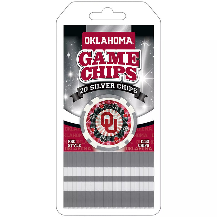 Masterpieces Casino Style 20 Piece 11.5 Gram Poker Chip Set NCAA Oklahoma Sooners Silver Edition.