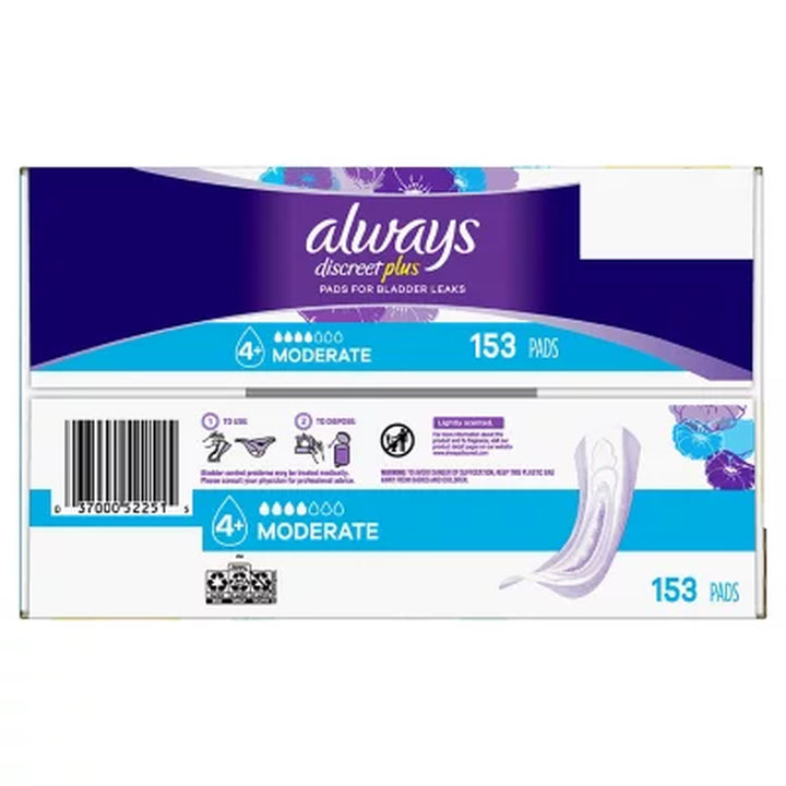 Always Discreet plus Incontinence & Postpartum Pads for Women, Moderate, 153 Ct.