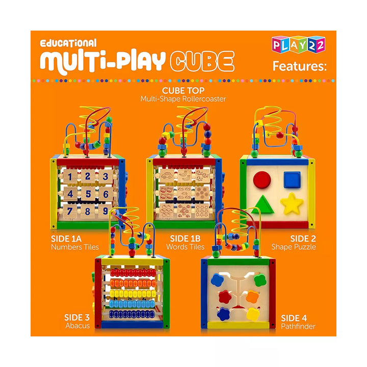 Wooden Activity Cube with Bead Maze, Shape Sorter, Abacus Counting Beads, Counting Numbers, Sliding Shapes - 5 in 1 - Play22Usa